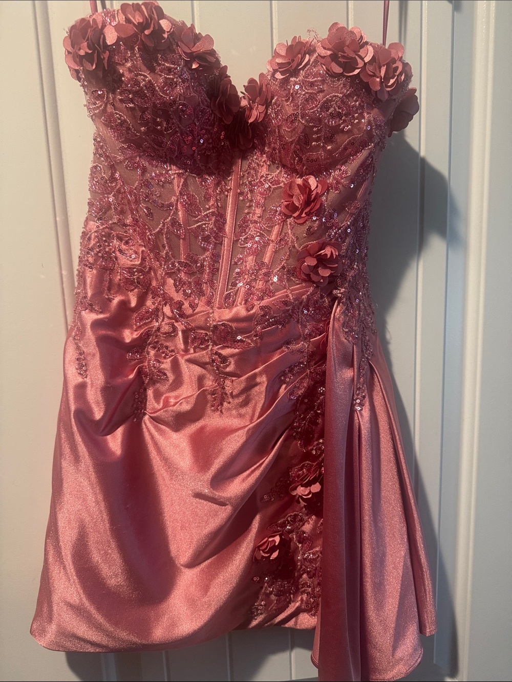 Strapless Pink Floral Appliqué Cocktail Dress